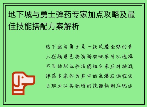 地下城与勇士弹药专家加点攻略及最佳技能搭配方案解析